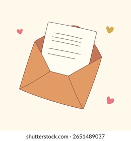 Linda carta de amor y estilo de dibujos animados doodle sobre. Ilustración del Clipart de correo Vector simple y aislado para el activo, material, icono, diseño, gráfico
