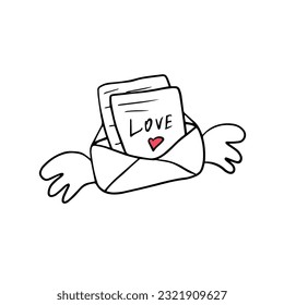 Cute love letter, envelope with heart, wings and text in doodle style. Hand drawn vector illustration. Love element for greeting cards,valentine's day cards, posters, stickers and seasonal design. 