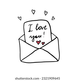 Cute love letter, envelope with heart and text in doodle style. Hand drawn vector illustration EPS10. Love element for greeting cards,valentine's day cards, posters, stickers and seasonal design. 