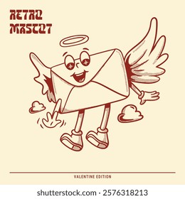 Cute love letter flying retro mascot