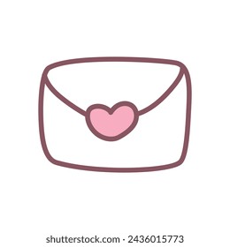 Cute love letter icon. Hand drawn illustration of a closed envelope with a heart shape seal on it isolated on a white background. Kawaii sticker. Vector 10 EPS.