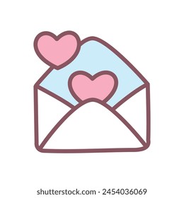 Cute love letter icon. Hand drawn illustration of an open envelope with little hearts in it isolated on a white background. Kawaii sticker. Vector 10 EPS.