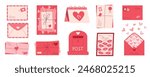 Cute love mail and envelope set concept, trendy style craft post card with lips and kisses, cartoon romantic postcard and letters design with heart and stamps, flat handmade romantic mailbox.