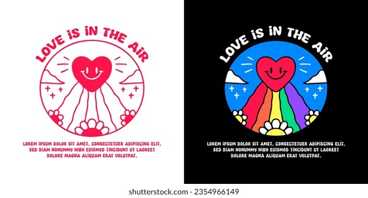 Cute love mascot and groovy rainbow with love is in the air typography, illustration for logo, t-shirt, sticker, or apparel merchandise. With doodle, retro, groovy, and cartoon style.