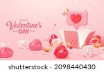 Cute love message popping out of an open present box with confetti and heart shape balloons around. 3d scene design. Suitable for Valentine's Day and Mother's Day.