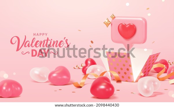 Cute love message\
popping out of an open present box with confetti and heart shape\
balloons around. 3d scene design. Suitable for Valentine\'s Day and\
Mother\'s Day.
