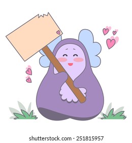 Cute love monster with blank poster.