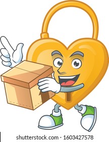 Cute love padlock cartoon character style holding a box