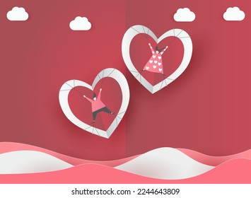 cute love paper art valentine day. with lovely valentine boy and girl fly heart, paper cut on red background, white sky, clouds, origami style vector. paper for valentine card, gift, poster, postcard.