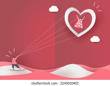 cute love paper art valentine day. with lovely valentine boy and girl fly heart, paper cut on red background, white sky, clouds, origami style vector. paper for valentine card, gift, poster, postcard.