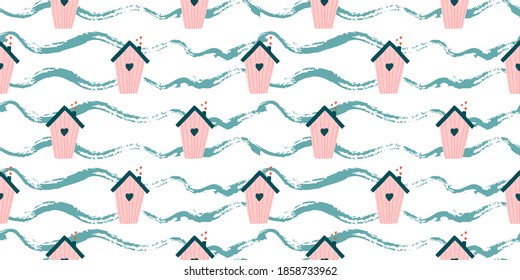 Cute love pattern. Abstract seamless pattern of love. Valentine's Day wrapping paper. Girly repeating background with birdhouses. Romantic wallpaper for girls, textiles, clothing, wrapping paper.