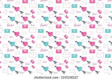 Cute love pattern vector with heart shapes and envelope icons. Endless love element design for book covers and wallpapers. Minimal love pattern decoration on a white background for valentine.