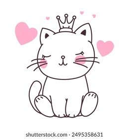 Cute Love Pet Cat Cartoon Character Sleeping Wearing Crown Vector Illustration