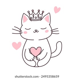 Cute Love Pet Cat Cartoon Character Sleeping Wearing Crown Vector Illustration