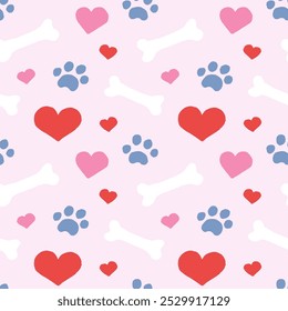 Cute love pets seamless pattern with footprint of dog or cat. 