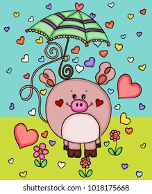 Cute love piggy in garden with umbrella and hearts
