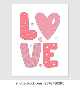 Cute LOVE postcard. Hand drawn pink capital letters for Valentine's Day, birthday, wedding celebrations. Vector illustration of valentines day greeting card template