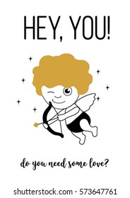 cute love postcard, vector illustration with cupid and joke. Typography poster, card, label, banner design