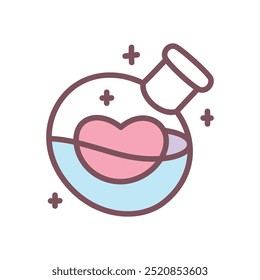 Cute love potion icon. Hand drawn illustration of a bottle with magic elixir and pink heart isolated on a white background. Kawaii St. Valentine day sticker. Vector 10 EPS.