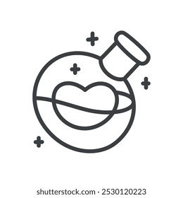 Cute love potion icon. Hand drawn monochrome illustration of a bottle with magic elixir and heart isolated on a white background. Vector 10 EPS.