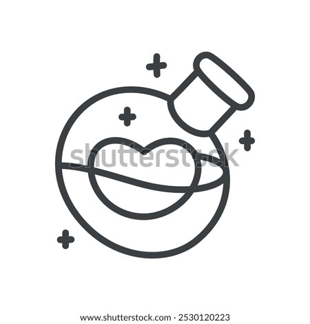 Cute love potion icon. Hand drawn monochrome illustration of a bottle with magic elixir and heart isolated on a white background. Vector 10 EPS.