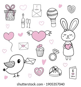 Cute love set with doodle elements with pink accents. Vector illustration