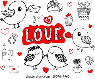 Cute love set with doodle elements with red accents. Vector illustration