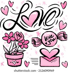 Elementos de esbozo de amor. Elementos de diseño y colección de gráficos para San Valentín, tema romántico, cartas de amor, emoticones
