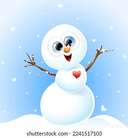 Cute in love snowman with red heart raised hands up and enjoys the winter snowfall from hearts