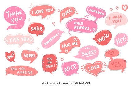 Cute love speech bubbles, dialog chat box sticker with different romantic phrases hand drawn set. Communication text message clouds frame shapes comic creative doodle element vector illustration