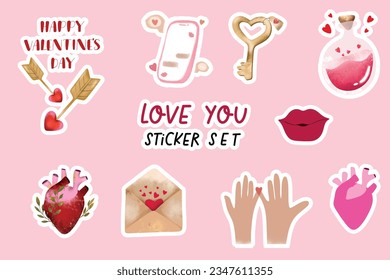 Cute Love sticker set.  Beautiful printable vector stickers, hands, envelope, key, phone, heart, red lips
