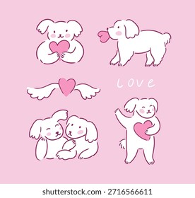 Cute love sticker set. Vector illustration for Valentines day. Preppy white dogs with hearts in hand drawn sketched style. Funny animal print design or poster. 