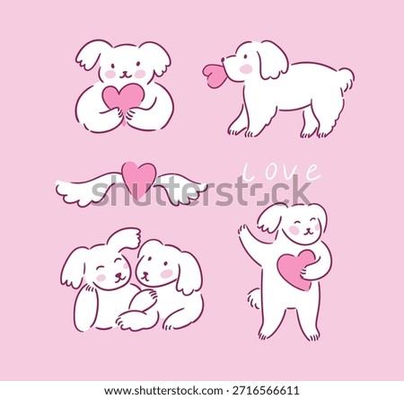 Cute love sticker set. Vector illustration for Valentines day. Preppy white dogs with hearts in hand drawn sketched style. Funny animal print design or poster. 