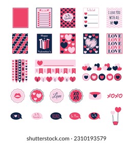 Cute love stickers for daily planner and diary. Collection of scrapbooking design elements for valentines day. Stylish hand drawn stickers and labels for graphic and web design.