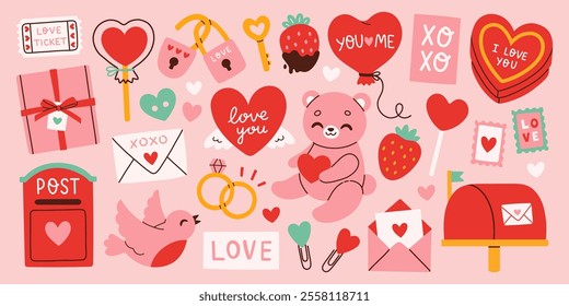 Cute love stickers set for daily planner and diary. Scrapbooking elements for valentines day heart, gift, chocolate box, teddy bear, mailbox and mail