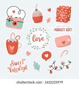 Cute love stickers with Valentines day elements and romantic topography. Vector hand drawn illustrations and lettering. Perfect for planners, scrapbook, logo, t-shirt design.