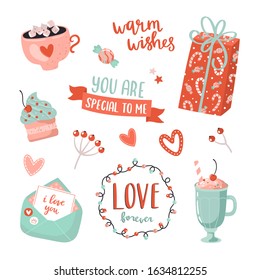 Cute love stickers with Valentines day elements and romantic topography. Vector hand drawn illustrations and lettering. Isolated on white. Perfect for planners, scrapbook, logo, t-shirt design.