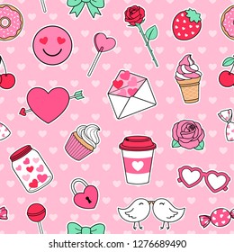 Cute love symbol elements seamless pattern background for valentine’s day. Set of valentine sticker with heart background.