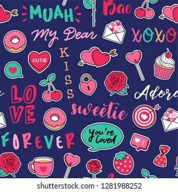 Cute love symbol elements and typography design seamless pattern background for valentine’s day.