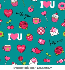 Cute love symbol elements and typography design seamless pattern background for valentine’s day.