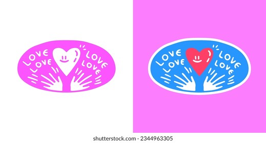 Cute love symbol and hands emblem, illustration for t-shirt, sticker, or apparel merchandise. With doodle, retro, groovy, and cartoon style.