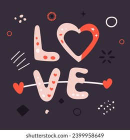 Cute Love text with hearts ,sparkle and decoratons.Valentine's day greeting card template. Vector illustration.