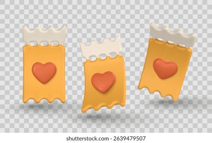 Cute Love Ticket Icon With 3D Heart Symbol, Romantic Cartoon Style For Valentine's Day Or Dating App Design. Trendy Minimal UI Element. Vector Illustration.
