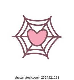 Cute love trap icon. Hand drawn illustration of a pink heart in cobweb isolated on a white background. Kawaii St. Valentine day sticker. Vector 10 EPS.