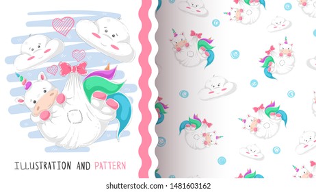 Cute love unicorn - seamless pattern. Hand draw