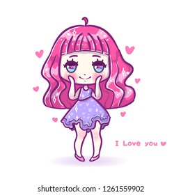 Cute love vector illustration. Kawaii Anime girl. Big eyes. Use for postcards, print on clothes or other things. Happy valentine’s  day