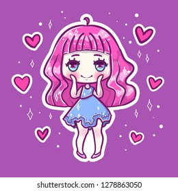 Cute love vector illustration  Kawaii Anime girl  Big eyes  Use for postcards  print clothes other things  Happy valentine’s  day