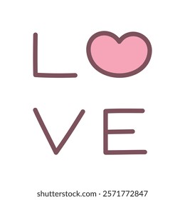 Cute love word icon. Hand written text decorated with a heart isolated on a white background. Kawaii St. Valentine day sticker. Vector 10 EPS.