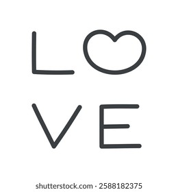 Cute love word icon. Hand written monochrome text decorated with a heart isolated on a white background. Kawaii St. Valentine day sticker. Vector 10 EPS.