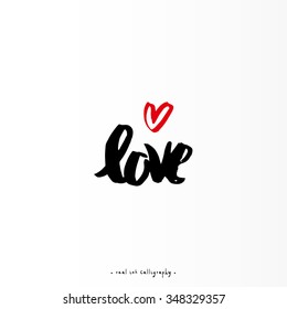 Cute Love word with red heart. Ink hand lettering. Romantic typography background. Handmade vector calligraphy